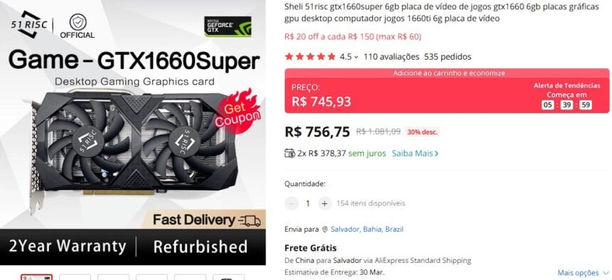 1660 Super 6GB do Aliexpress