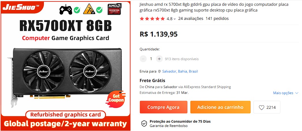 RX 5700 XT 8GB do Aliexpress