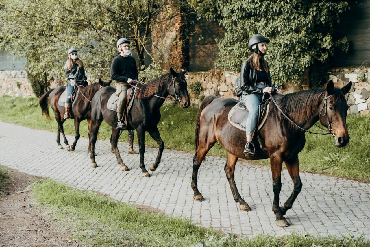 Homens e mulheres montados a cavalo numa comitiva mista