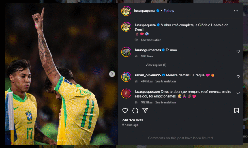 Publicação de Lucas Paquetá no Instagram