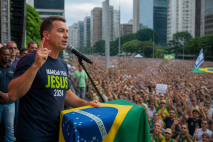Flávio Bolsonaro participa da Marcha para Jesus e fala em guerra espiritual