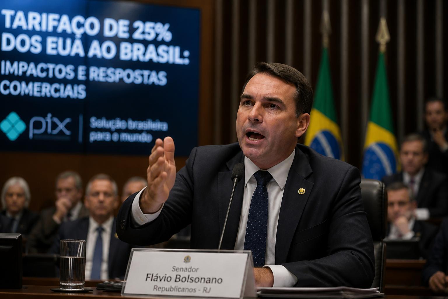 Flávio Bolsonaro pede suspensão de tarifas dos EUA em audiência