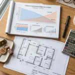 Planta de imóvel e ferramentas financeiras em cima da mesa de escritório