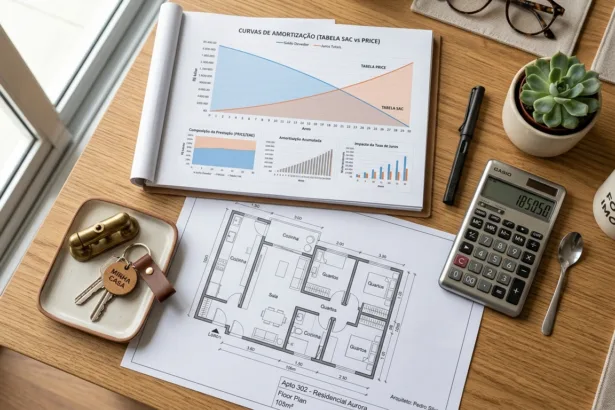 Planta de imóvel e ferramentas financeiras em cima da mesa de escritório