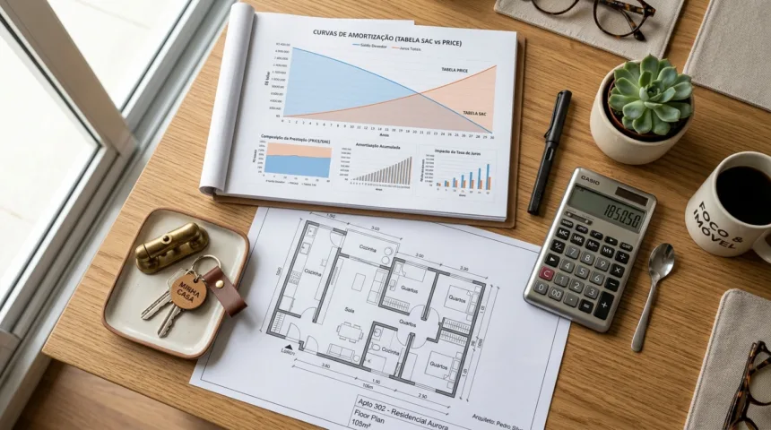 Planta de imóvel e ferramentas financeiras em cima da mesa de escritório