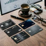 Cartões de crédito premium escuros sobre uma mesa de madeira