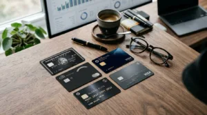 Cartões de crédito premium escuros sobre uma mesa de madeira