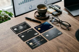 Cartões de crédito premium escuros sobre uma mesa de madeira