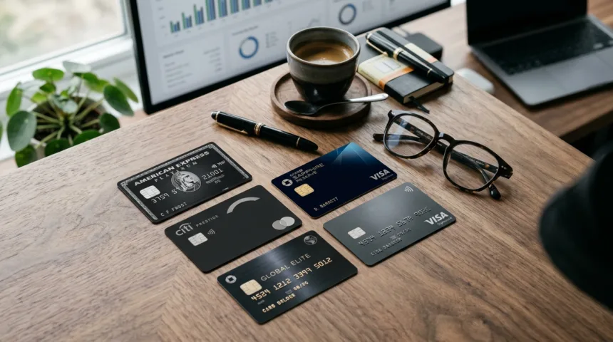 Cartões de crédito premium escuros sobre uma mesa de madeira