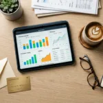 Cartão de crédito dourado em mesa de escritório com tablet e gráficos