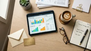 Cartão de crédito dourado em mesa de escritório com tablet e gráficos