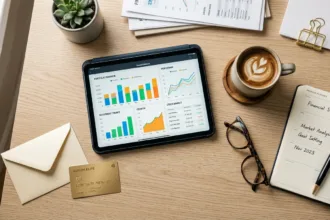 Cartão de crédito dourado em mesa de escritório com tablet e gráficos