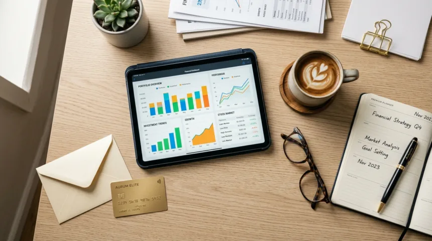 Cartão de crédito dourado em mesa de escritório com tablet e gráficos