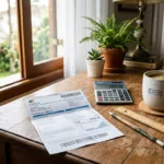 Mesa organizada com conta de luz e calculadora para simulação de empréstimo