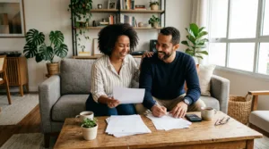 Casal brasileiro organizando documentos de financiamento imobiliário e amortização com FGTS