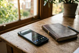 Smartphone moderno sobre mesa de madeira ao lado de caderno e caneta