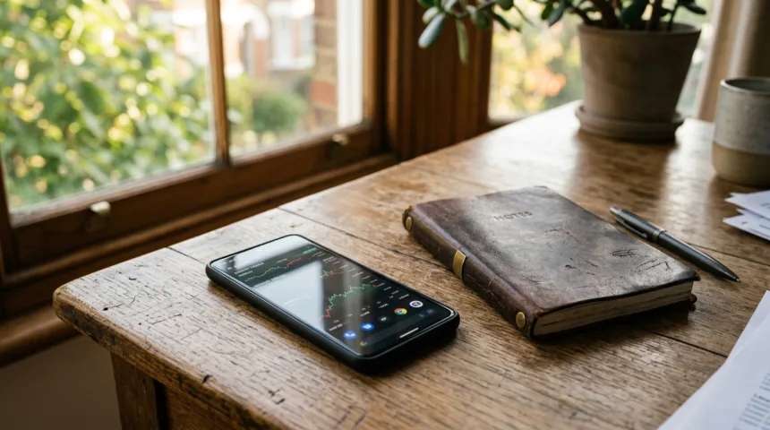 Smartphone moderno sobre mesa de madeira ao lado de caderno e caneta