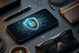 Brasileiro preocupado diante do computador e celular analisando contrato fraudulento de falso empréstimo com taxa antecipada