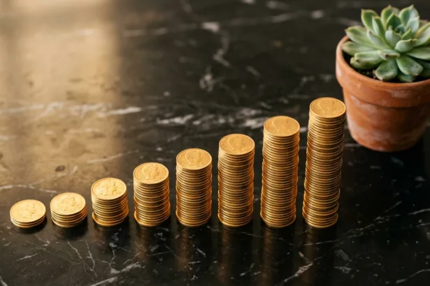 Moedas de ouro empilhadas em ordem crescente sobre superfície de mármore escuro simbolizando crescimento financeiro