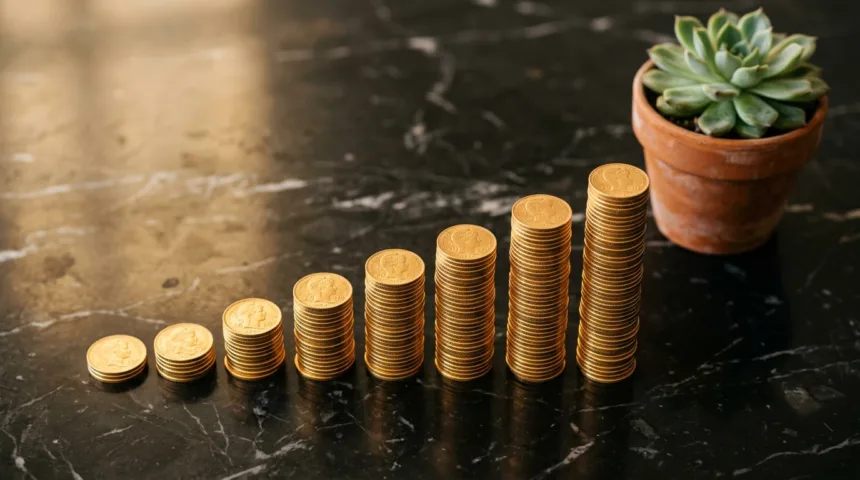 Moedas de ouro empilhadas em ordem crescente sobre superfície de mármore escuro simbolizando crescimento financeiro