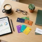 Mesa de escritório com cartões de crédito coloridos, tablet e café