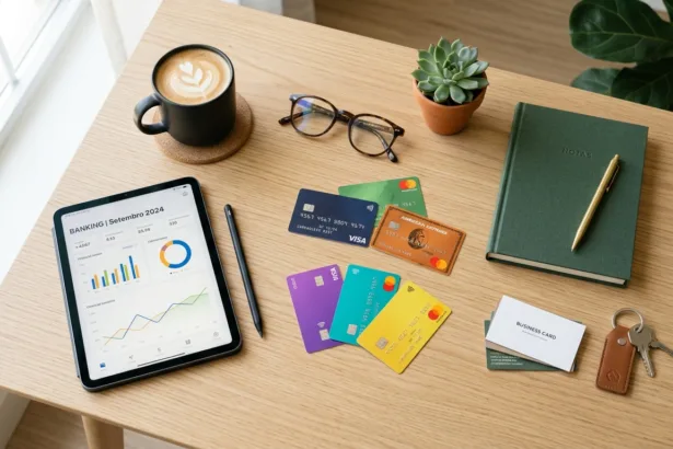 Mesa de escritório com cartões de crédito coloridos, tablet e café