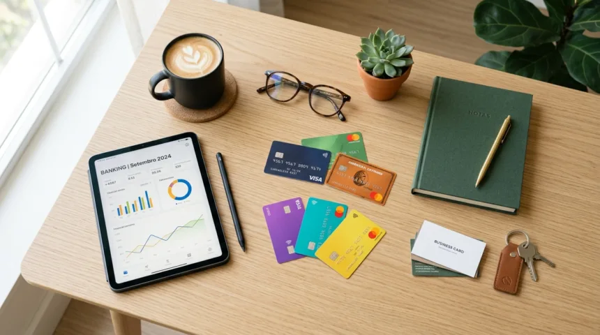 Mesa de escritório com cartões de crédito coloridos, tablet e café