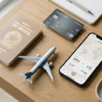 Fotografia de mesa com passaporte, cartão e smartphone mostrando programa de milhas