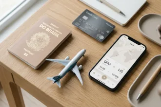 Fotografia de mesa com passaporte, cartão e smartphone mostrando programa de milhas