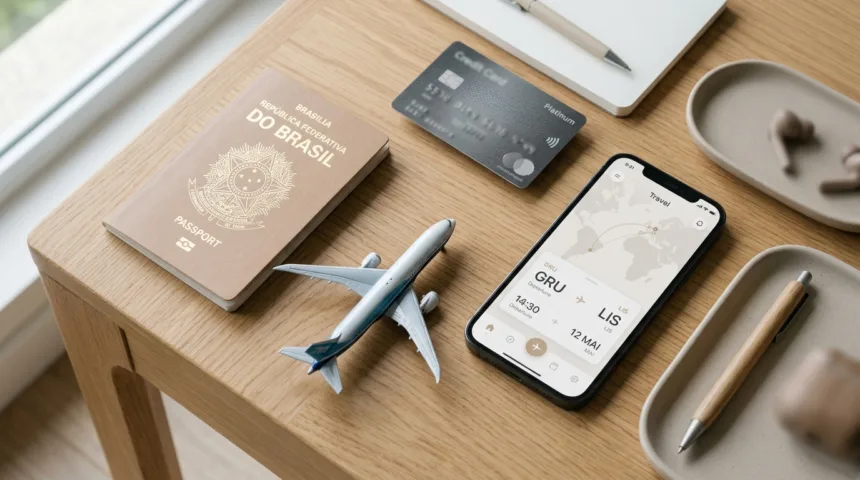 Fotografia de mesa com passaporte, cartão e smartphone mostrando programa de milhas