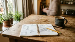 Mesa de madeira com caderno de planejamento financeiro, calculadora e xícara de café