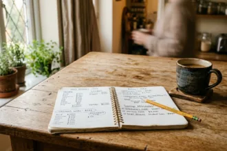 Mesa de madeira com caderno de planejamento financeiro, calculadora e xícara de café