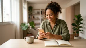 Profissional brasileira consultando saldo e antecipação do saque-aniversário FGTS no smartphone