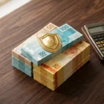 Escudo dourado sobre notas de Real em mesa de escritório simbolizando seguro de vida
