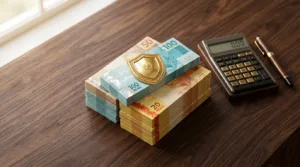 Escudo dourado sobre notas de Real em mesa de escritório simbolizando seguro de vida