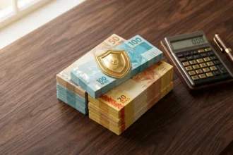 Escudo dourado sobre notas de Real em mesa de escritório simbolizando seguro de vida