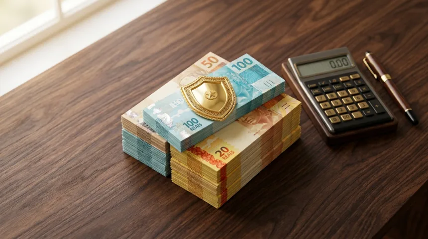 Escudo dourado sobre notas de Real em mesa de escritório simbolizando seguro de vida