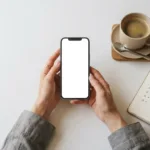 Mãos segurando smartphone sobre mesa branca com caderno e café representando negociação de dívidas