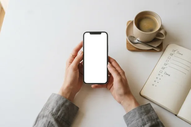 Mãos segurando smartphone sobre mesa branca com caderno e café representando negociação de dívidas