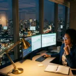 Profissional brasileira dedicada operando computadores e monitorando dados em turno noturno com vista para cidade iluminada