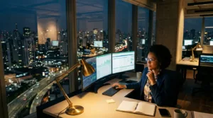 Profissional brasileira dedicada operando computadores e monitorando dados em turno noturno com vista para cidade iluminada
