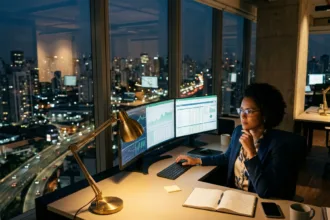 Profissional brasileira dedicada operando computadores e monitorando dados em turno noturno com vista para cidade iluminada