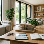 Maquete de casa contemporânea sobre mesa de centro com tablet exibindo gráficos financeiros de imóveis