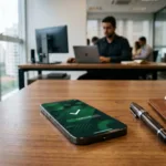 Smartphone com aplicativo que empresta 50 reais na hora via Pix sobre mesa de escritório