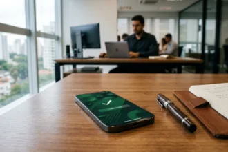 Smartphone com aplicativo que empresta 50 reais na hora via Pix sobre mesa de escritório