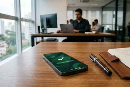 Smartphone com aplicativo que empresta 50 reais na hora via Pix sobre mesa de escritório