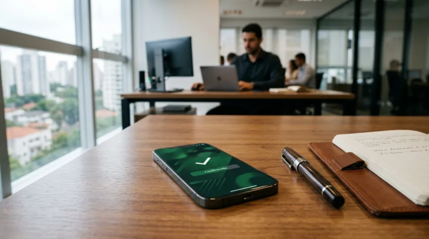 Smartphone com aplicativo que empresta 50 reais na hora via Pix sobre mesa de escritório