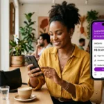 Mulher brasileira no café utilizando aplicativo que empresta dinheiro igual o Jeitto no smartphone