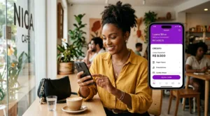 Mulher brasileira no café utilizando aplicativo que empresta dinheiro igual o Jeitto no smartphone