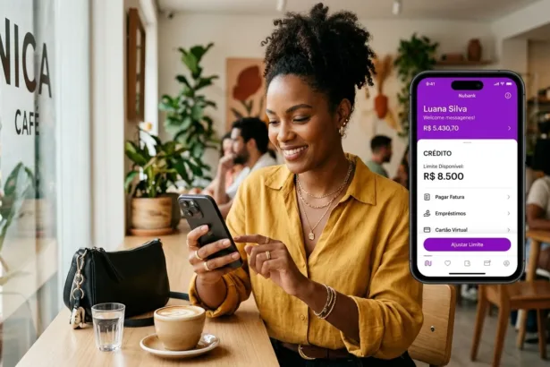 Mulher brasileira no café utilizando aplicativo que empresta dinheiro igual o Jeitto no smartphone